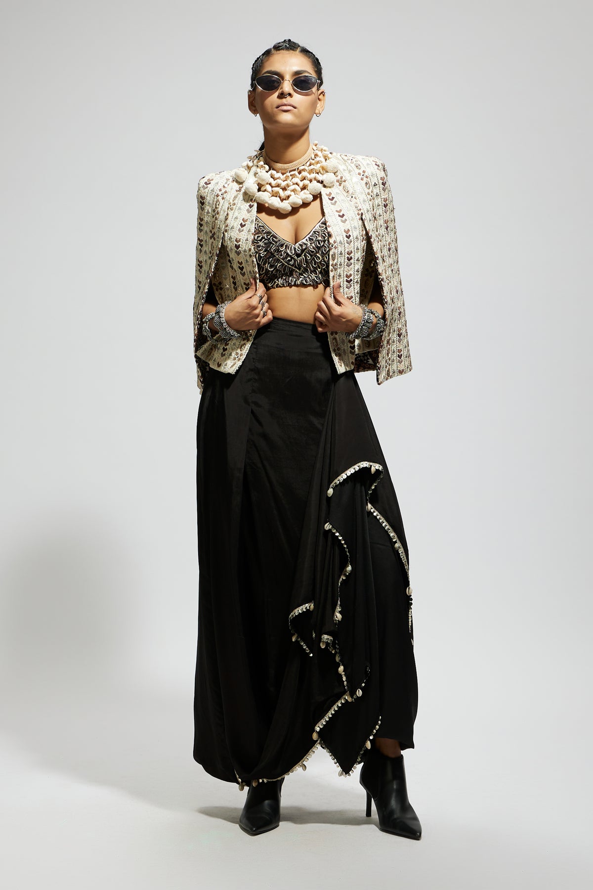 Ivory Embellished Cape Jacket Set