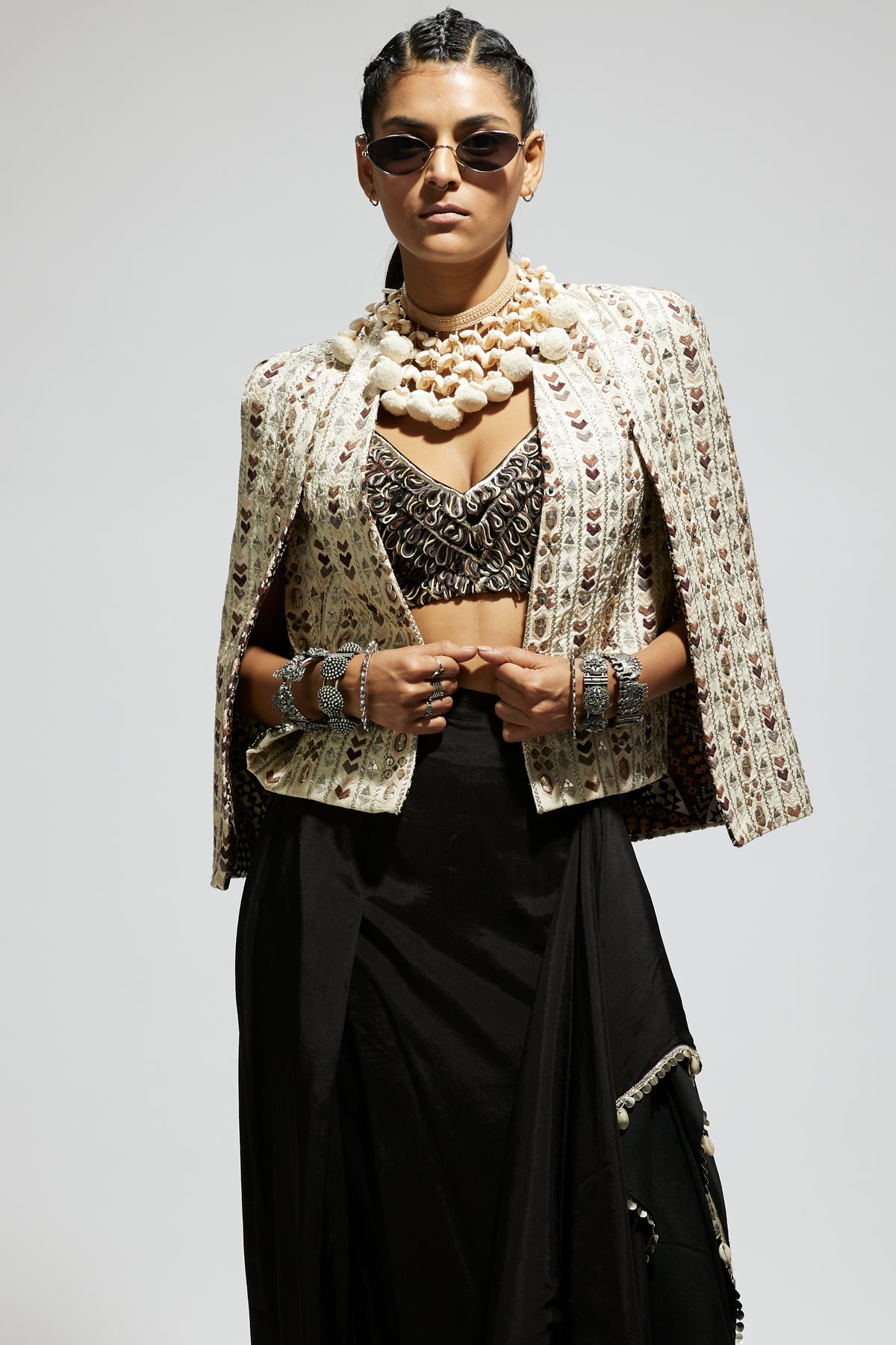 Ivory Embellished Cape Jacket Set