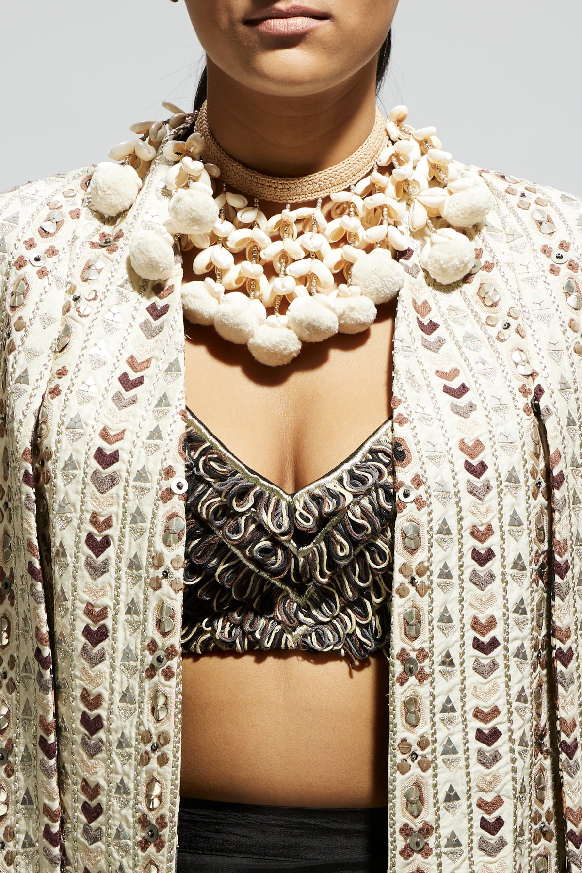 Ivory Embellished Cape Jacket Set