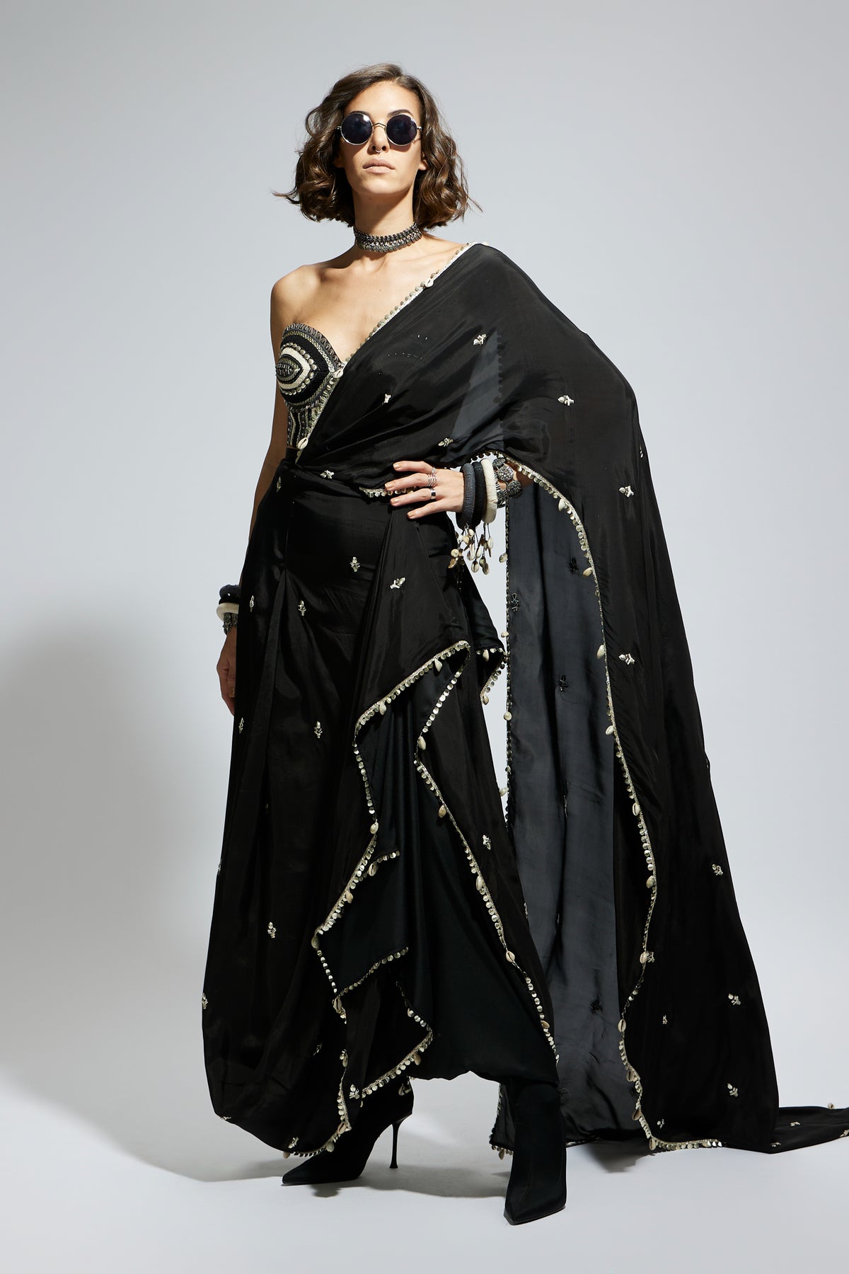 Black Threadwork Embellished Saree Set