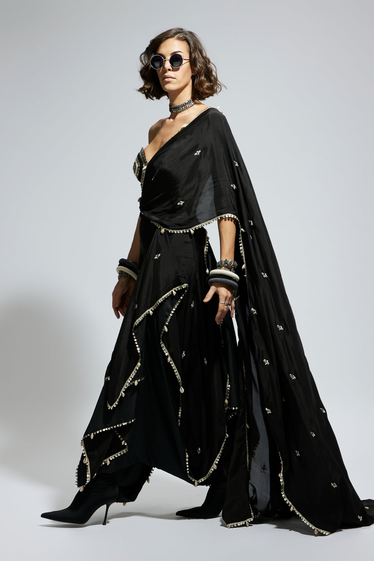 Black Threadwork Embellished Saree Set