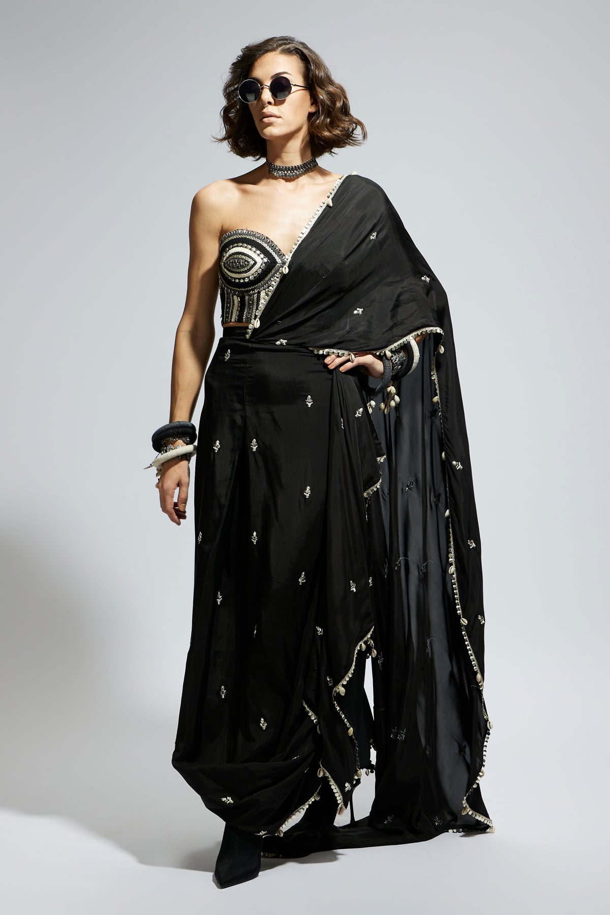 Black Threadwork Embellished Saree Set