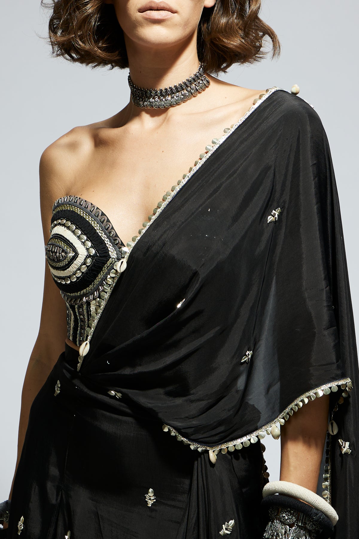 Black Threadwork Embellished Saree Set