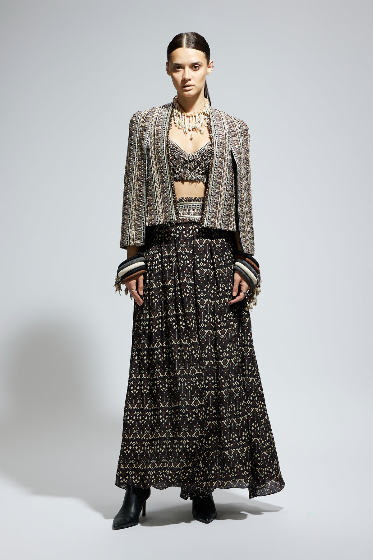 Brown Threadwork Cape Jacket Set