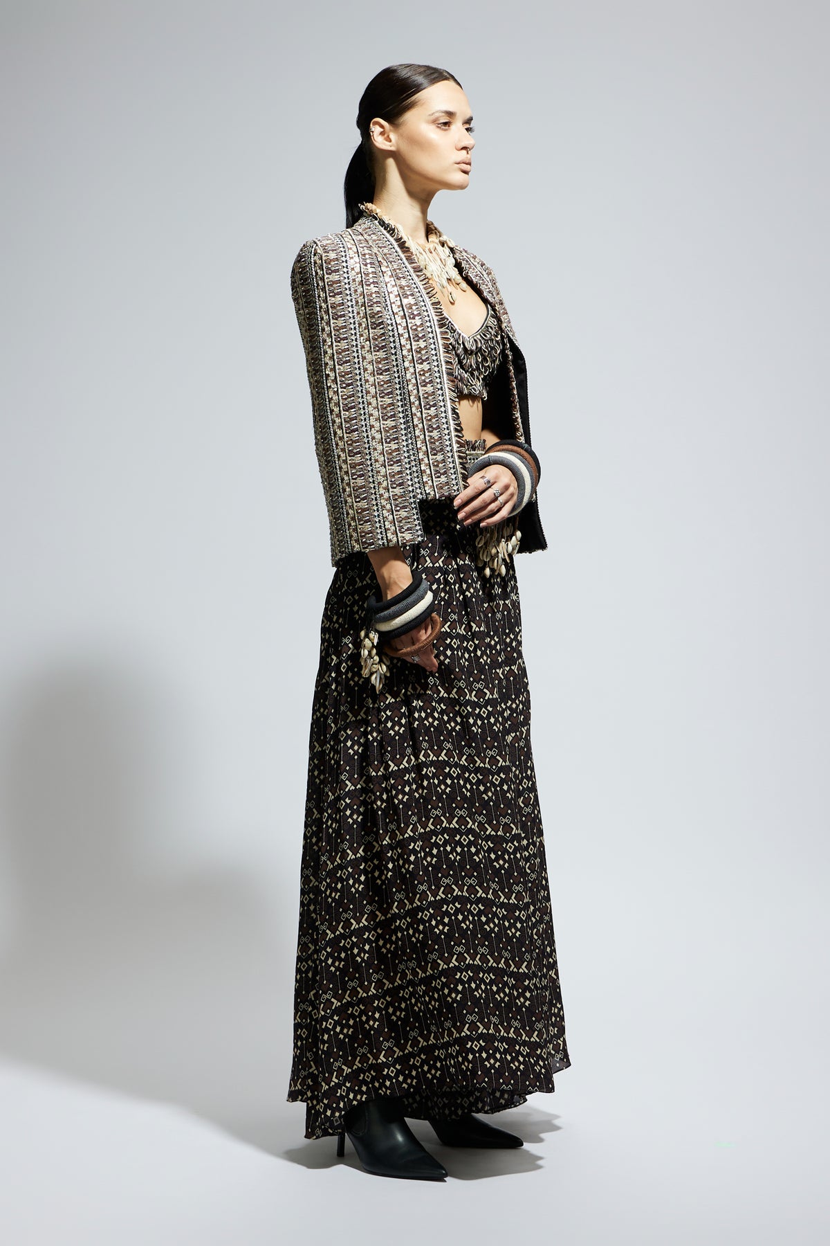 Brown Threadwork Cape Jacket Set