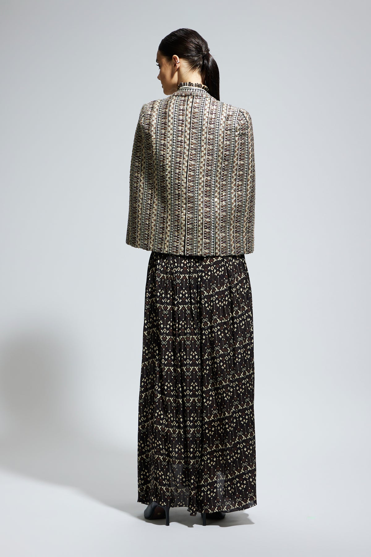 Brown Threadwork Cape Jacket Set