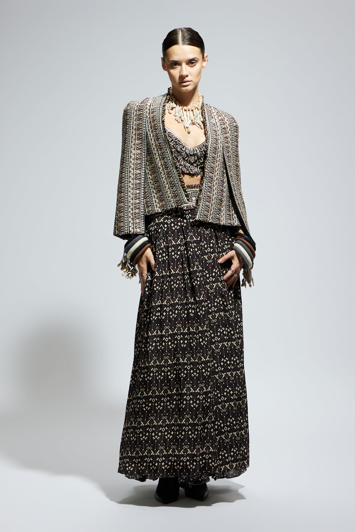 Brown Threadwork Cape Jacket Set
