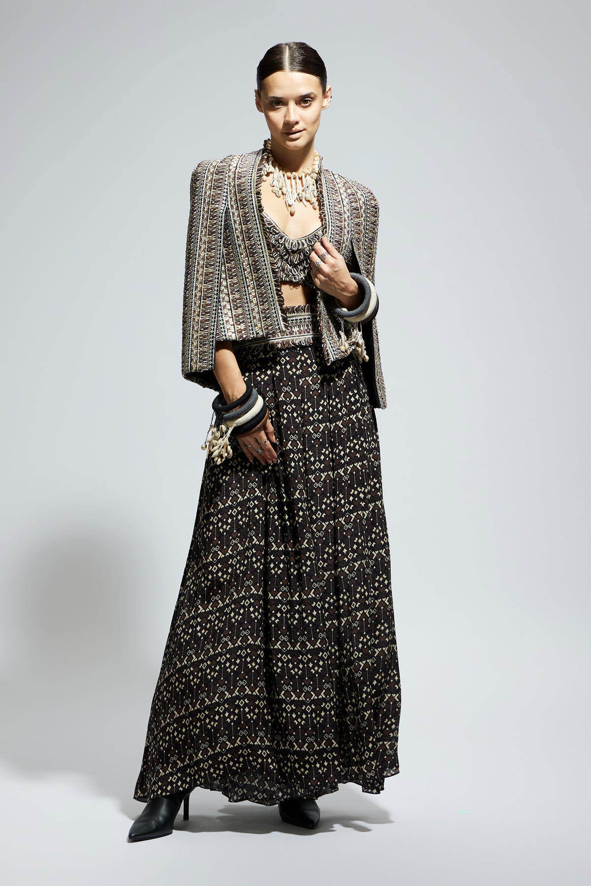 Brown Threadwork Cape Jacket Set