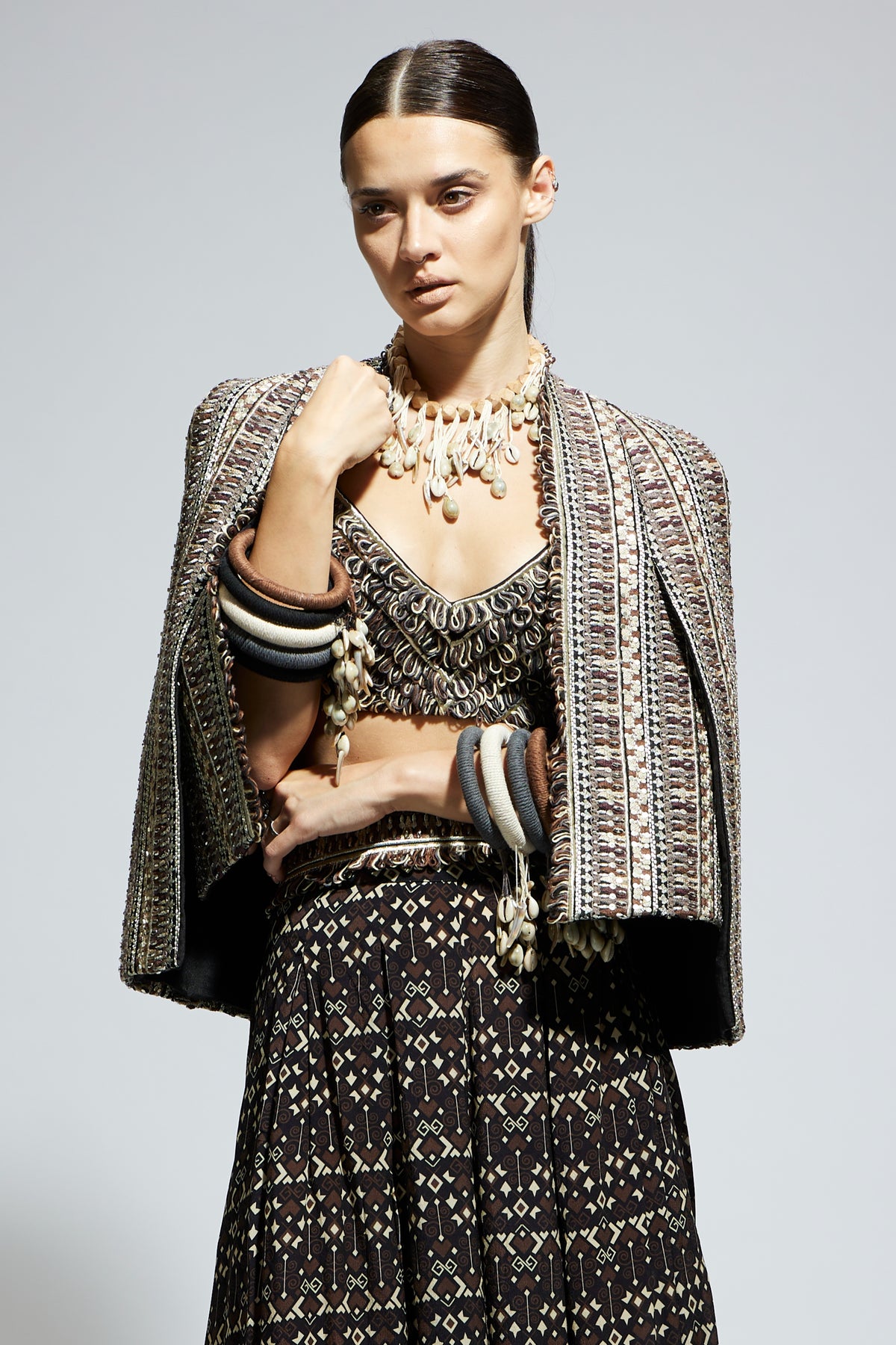 Brown Threadwork Cape Jacket Set