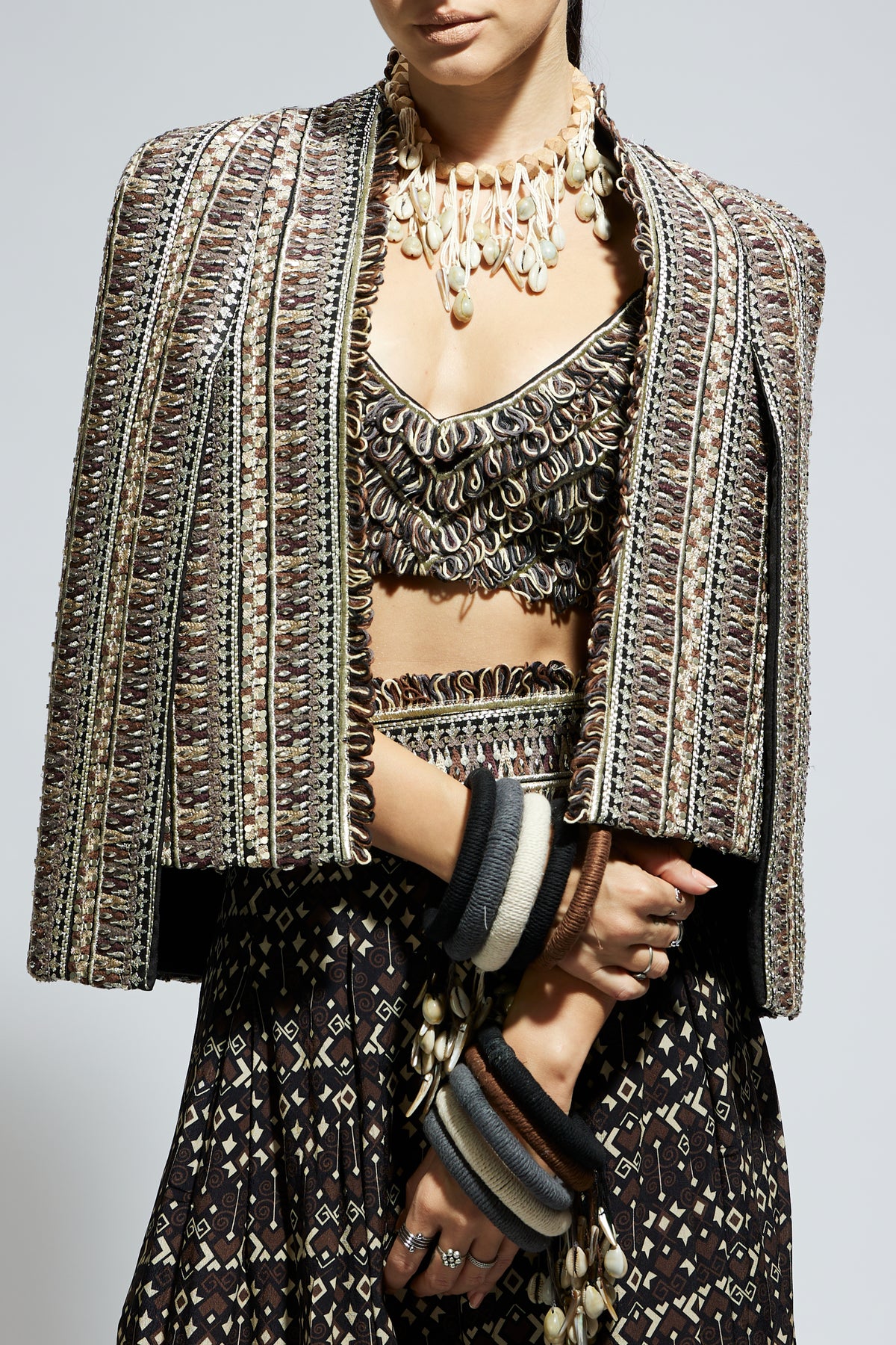 Brown Threadwork Cape Jacket Set