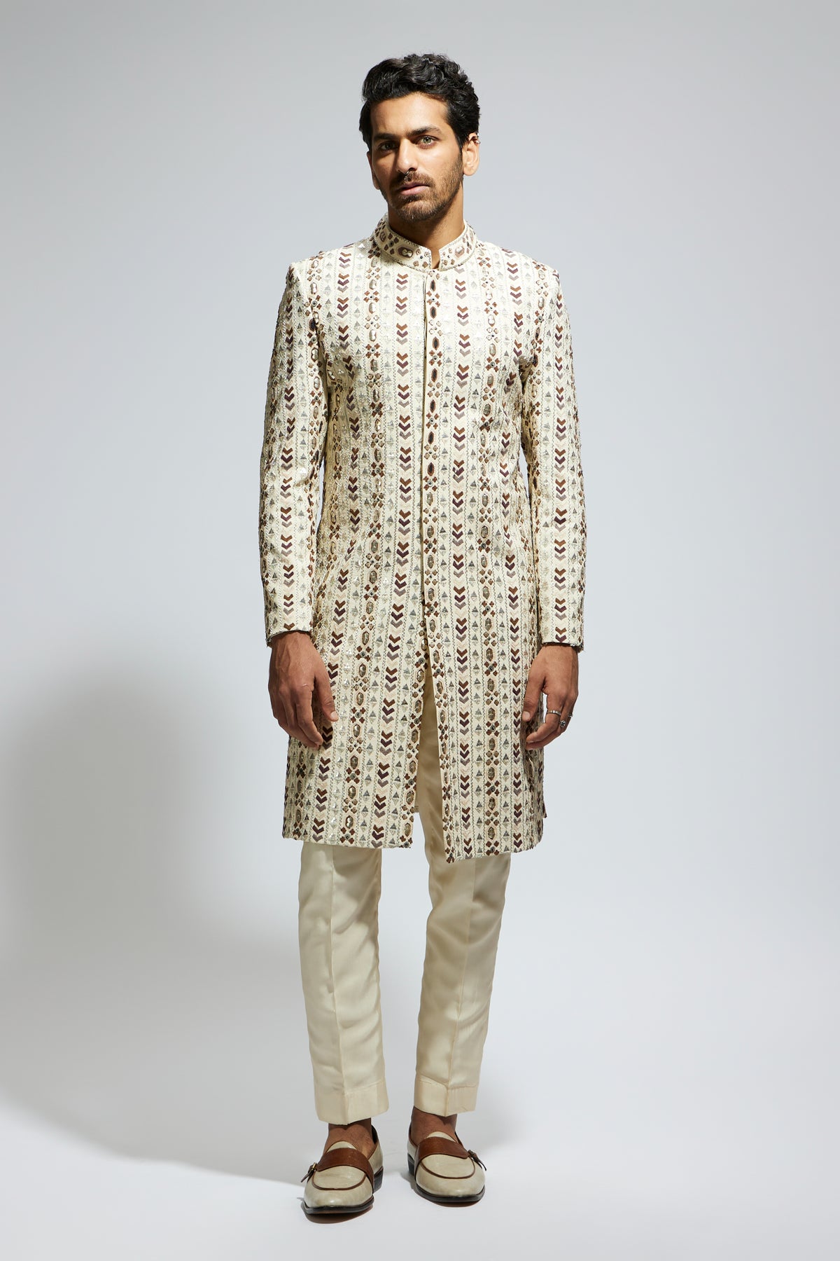 Ivory Geo Embroidered Sherwani Set