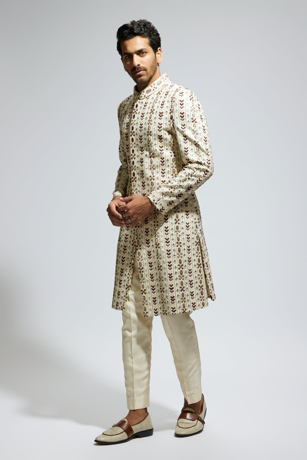 Ivory Geo Embroidered Sherwani Set