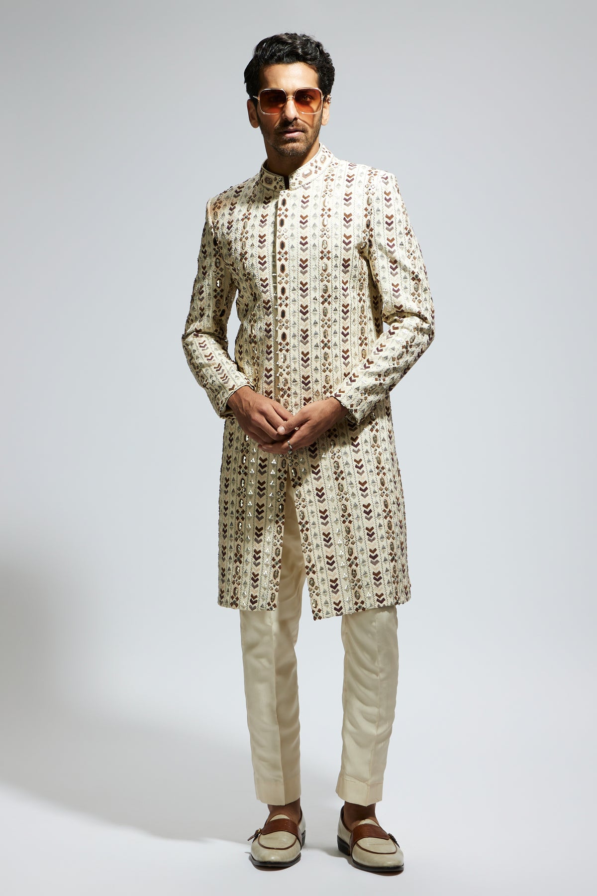 Ivory Geo Embroidered Sherwani Set