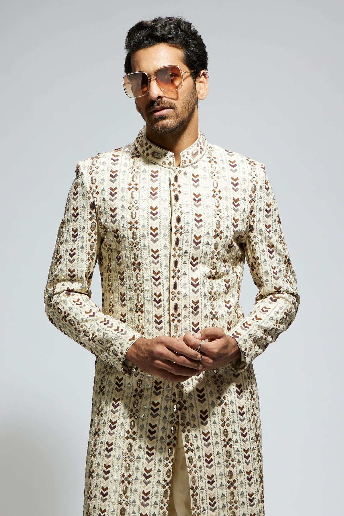 Ivory Geo Embroidered Sherwani Set