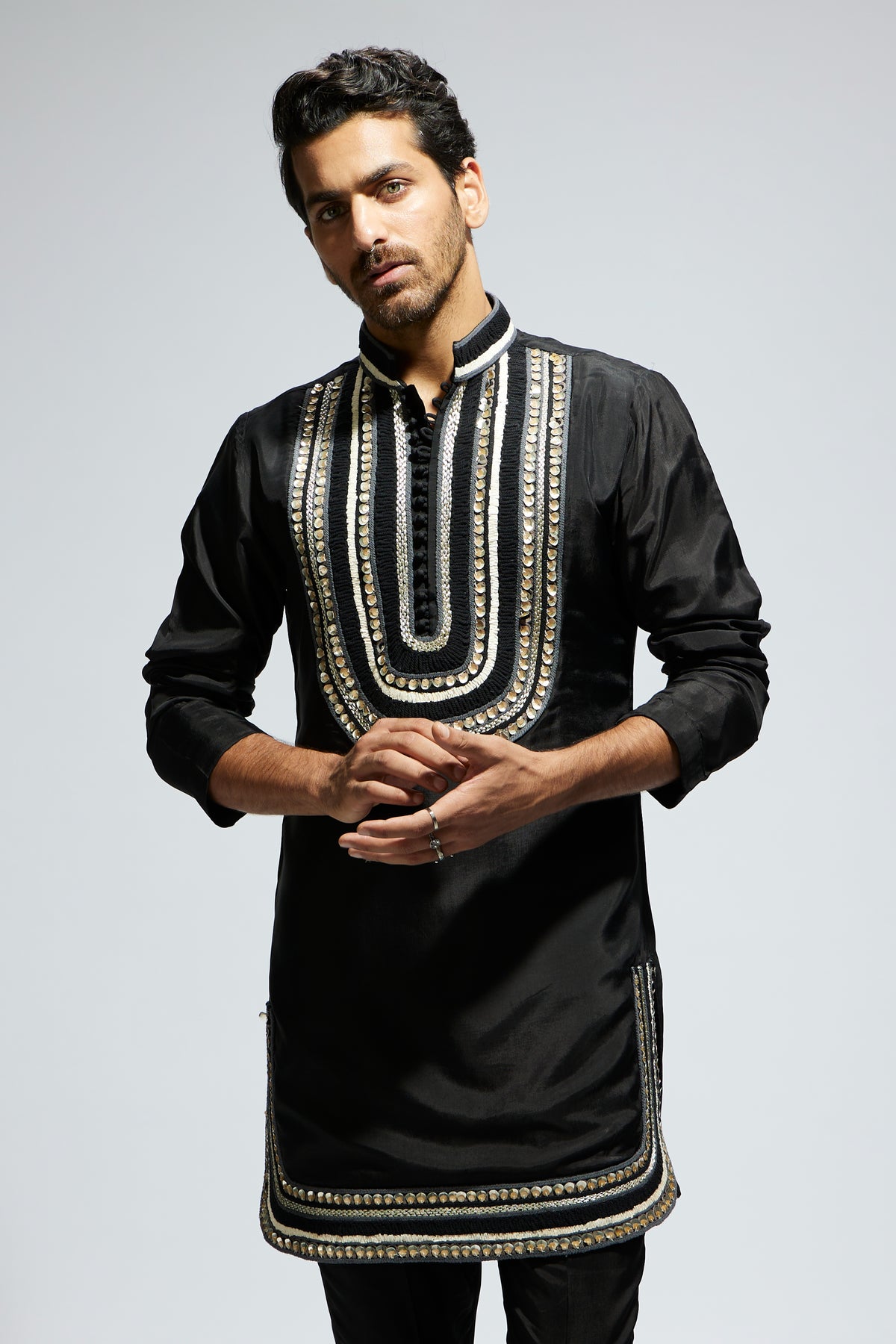 Black Threadwork Yoke Kurta Set