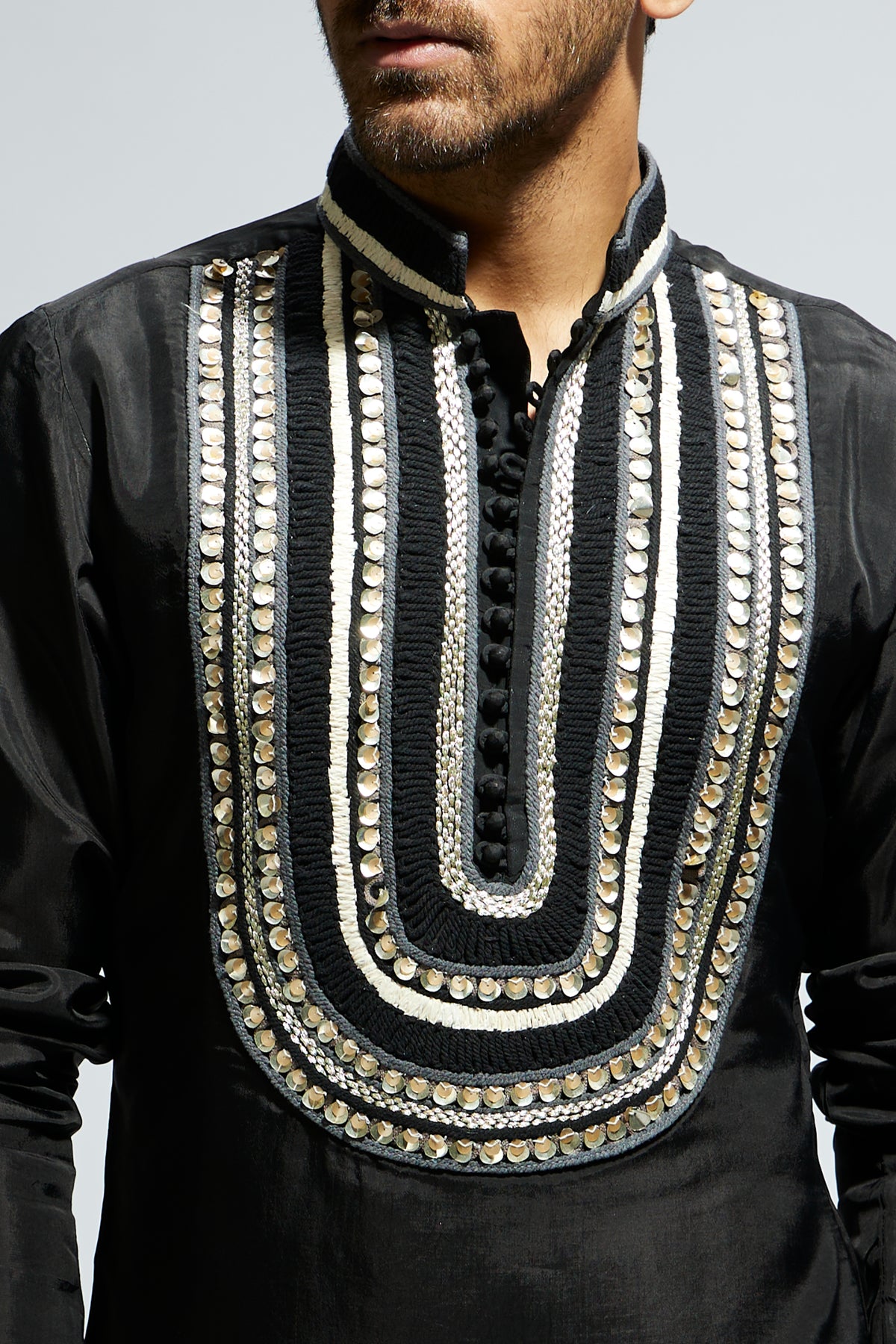 Black Threadwork Yoke Kurta Set