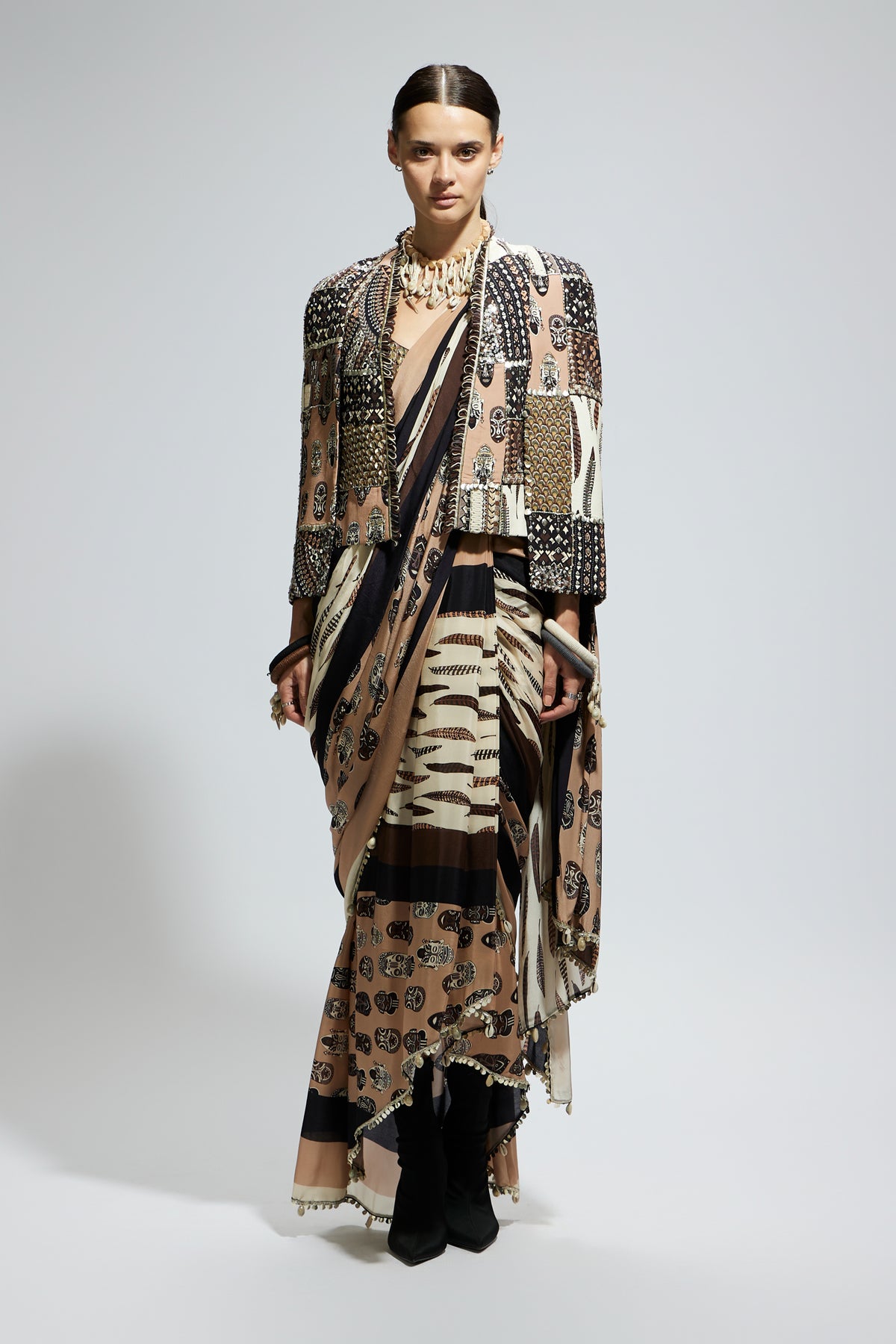 Print Cascade Saree With Bustier