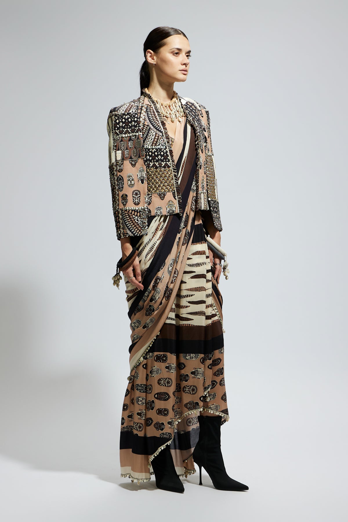 Print Cascade Saree With Bustier