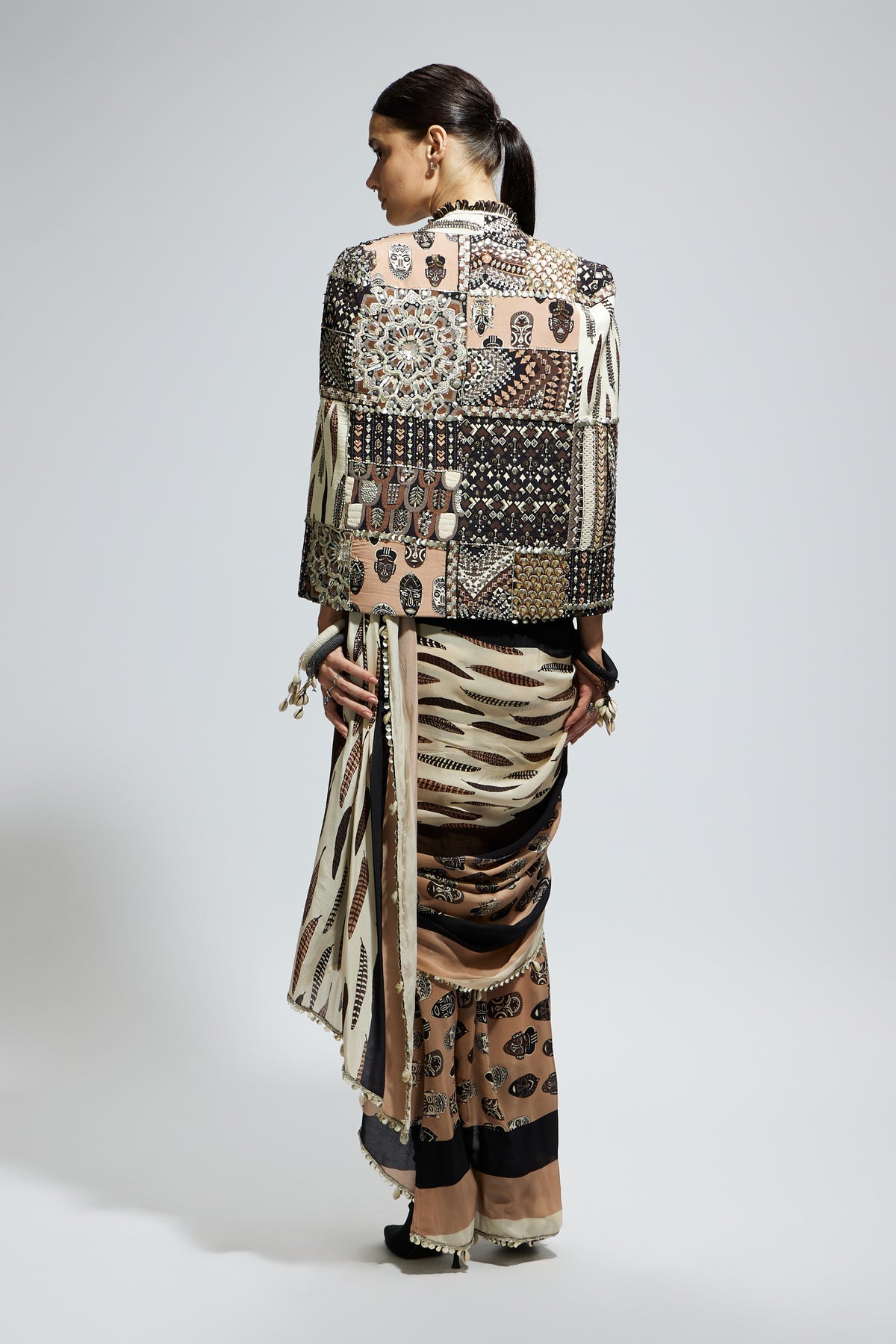 Print Cascade Saree With Bustier