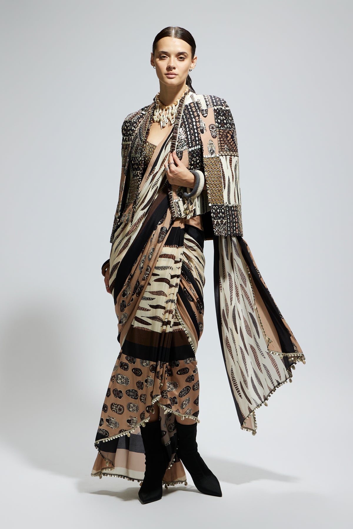 Mask and Feather Cascade Saree Set