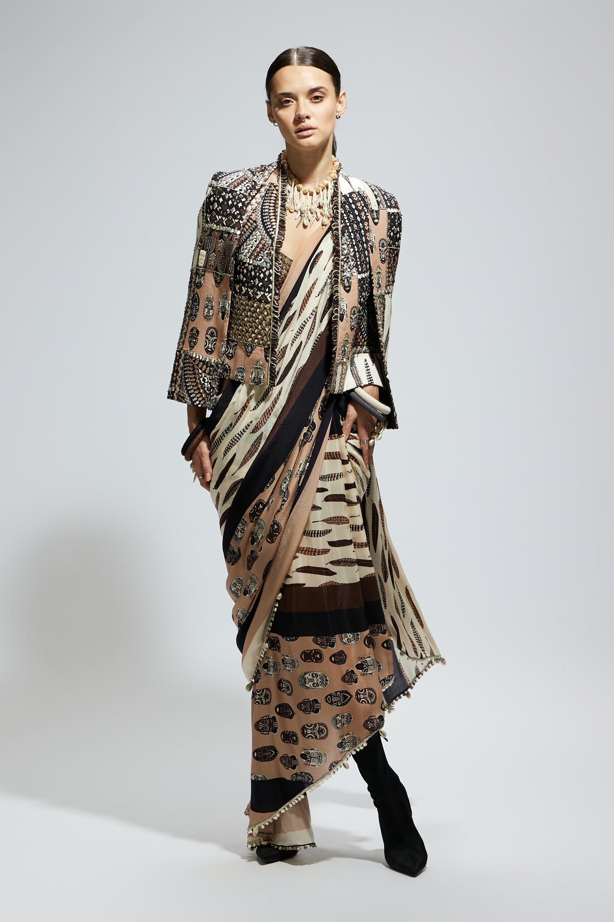 Print Cascade Saree With Bustier