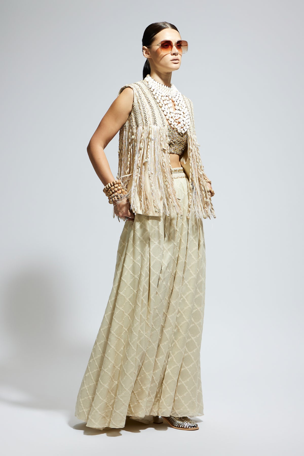 Ivory Threadwork Fringe Jacket Set