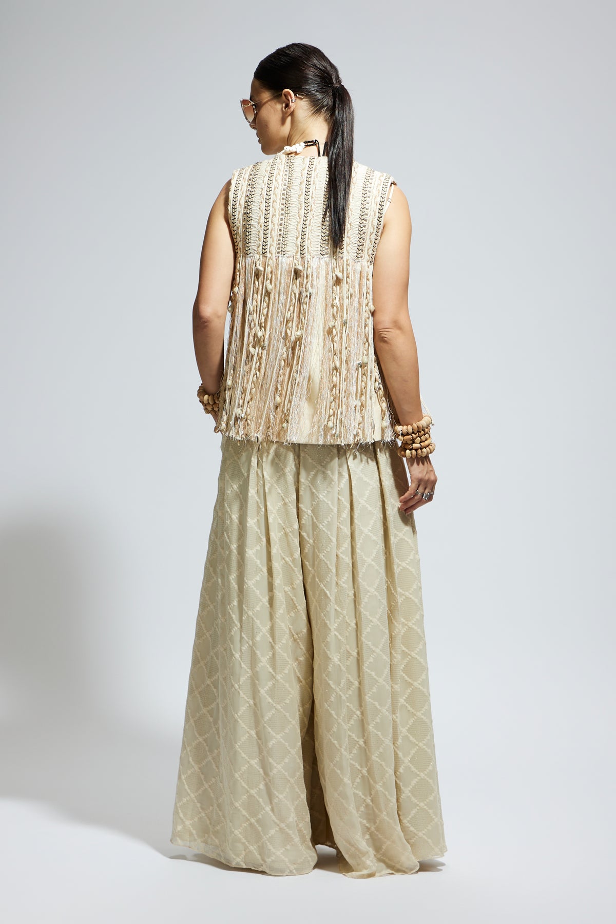 Ivory Threadwork Fringe Jacket Set