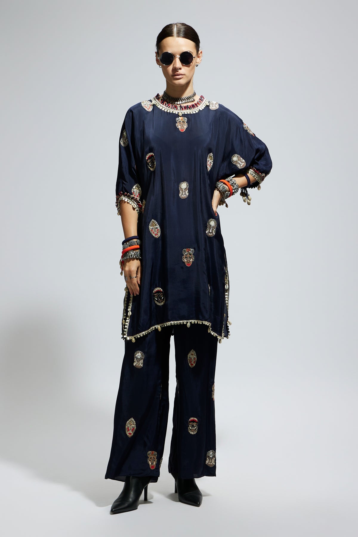 Blue Mask Embroidered Tunic Set