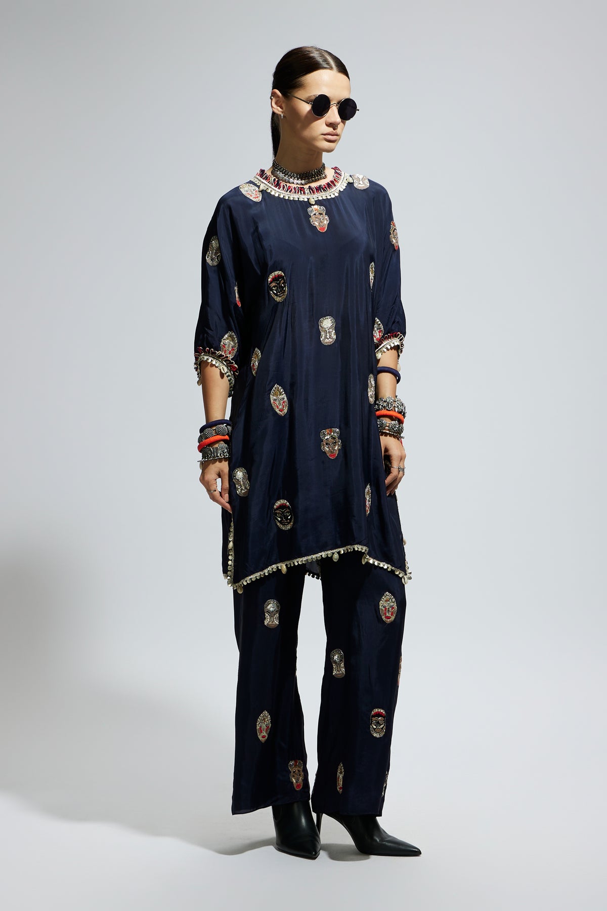 Blue Mask Embroidered Tunic Set