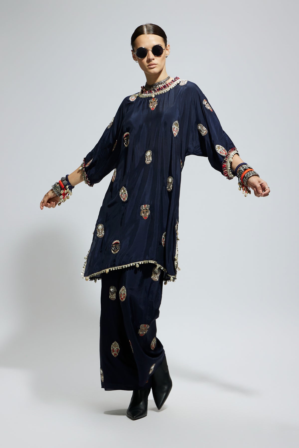 Blue Mask Embroidered Tunic Set