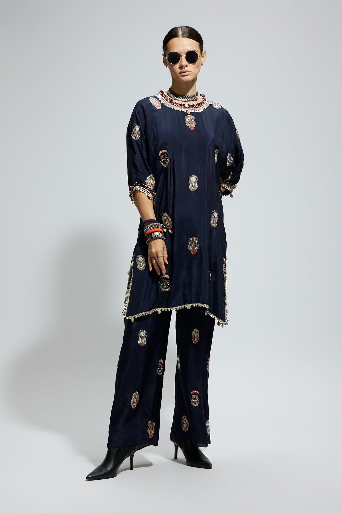 Blue Mask Embroidered Tunic Set