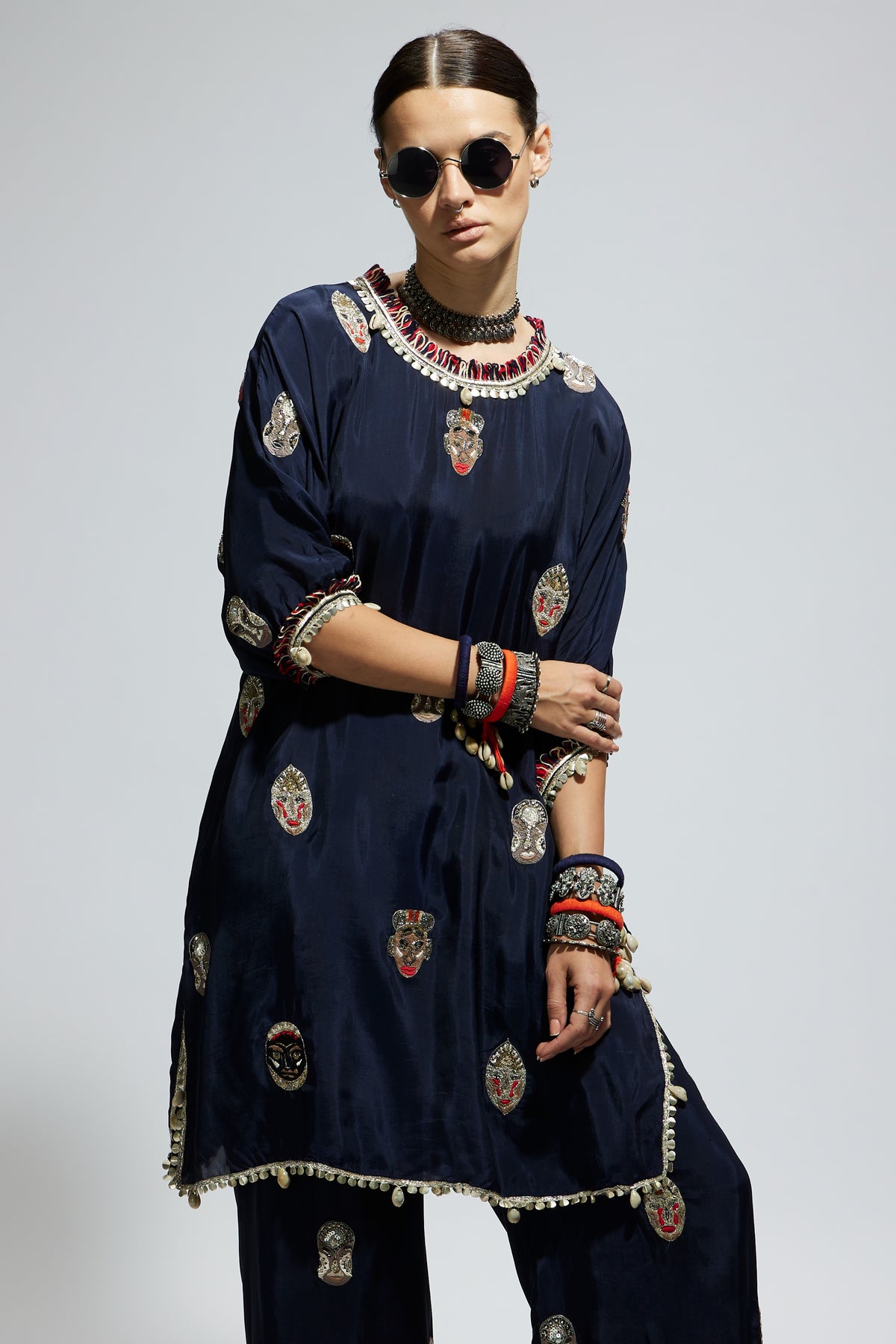 Blue Mask Embroidered Tunic Set
