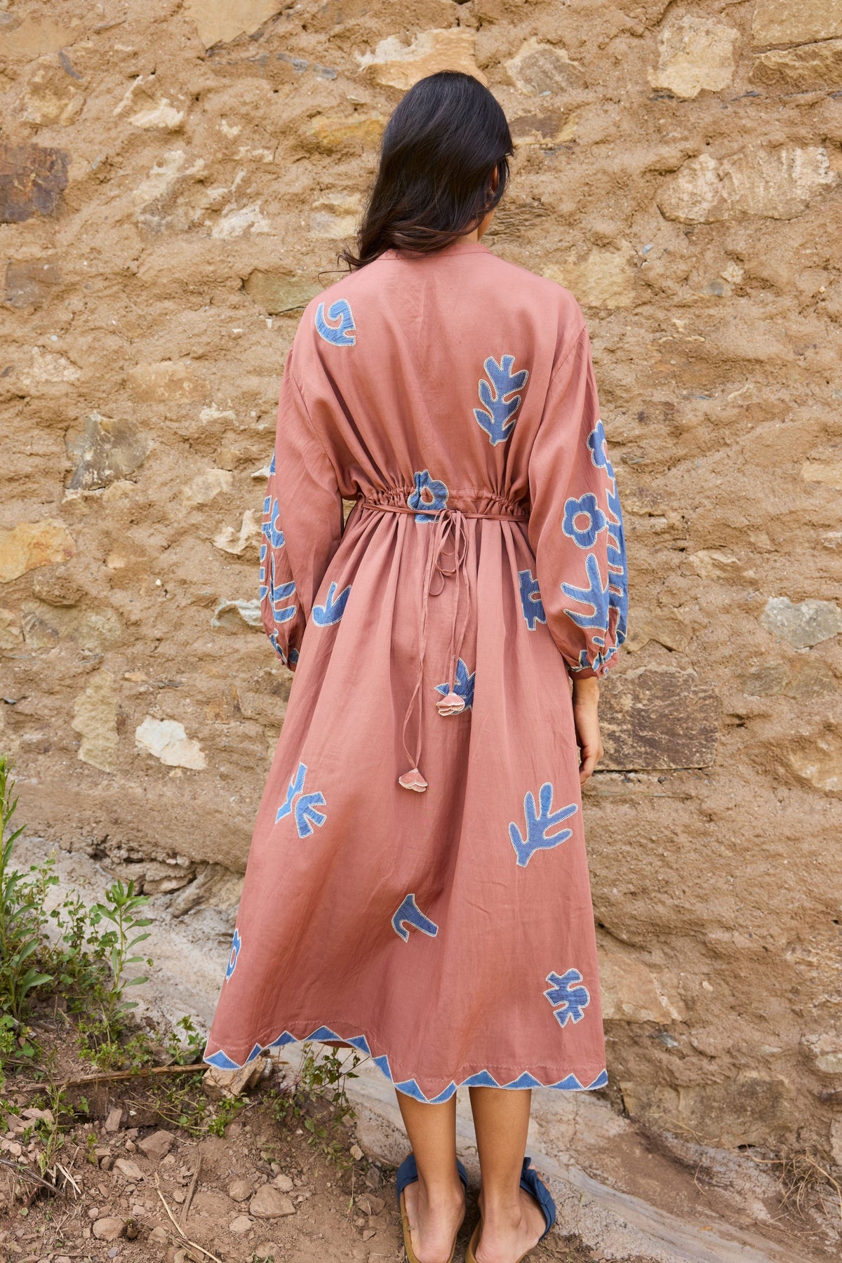 Brown Waist Tie Hand Appliqué Dress