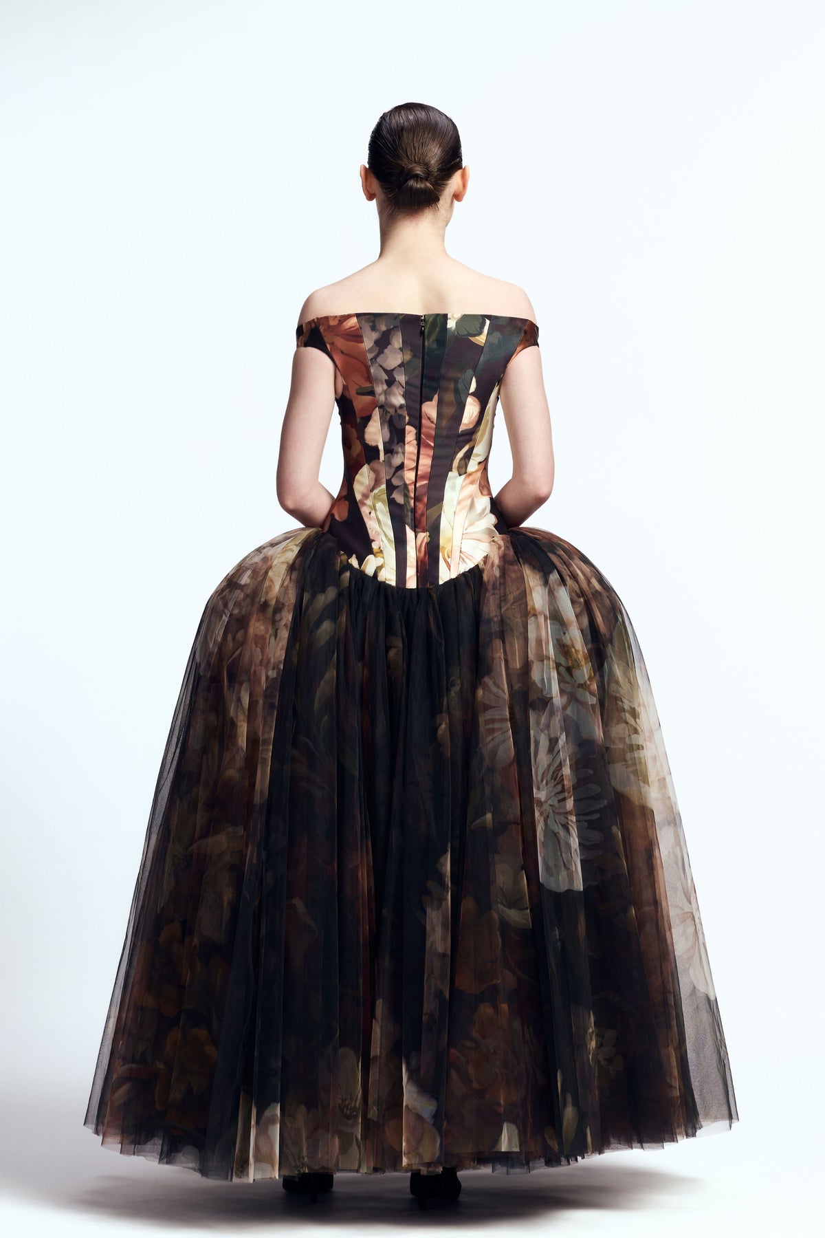 Off Shoulder Panel Corseted Gown