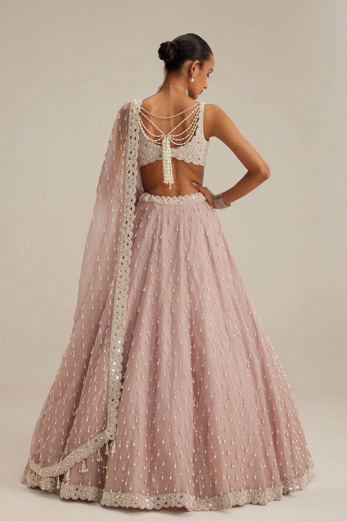 Ash Pink Pearl Drop Lehenga Set