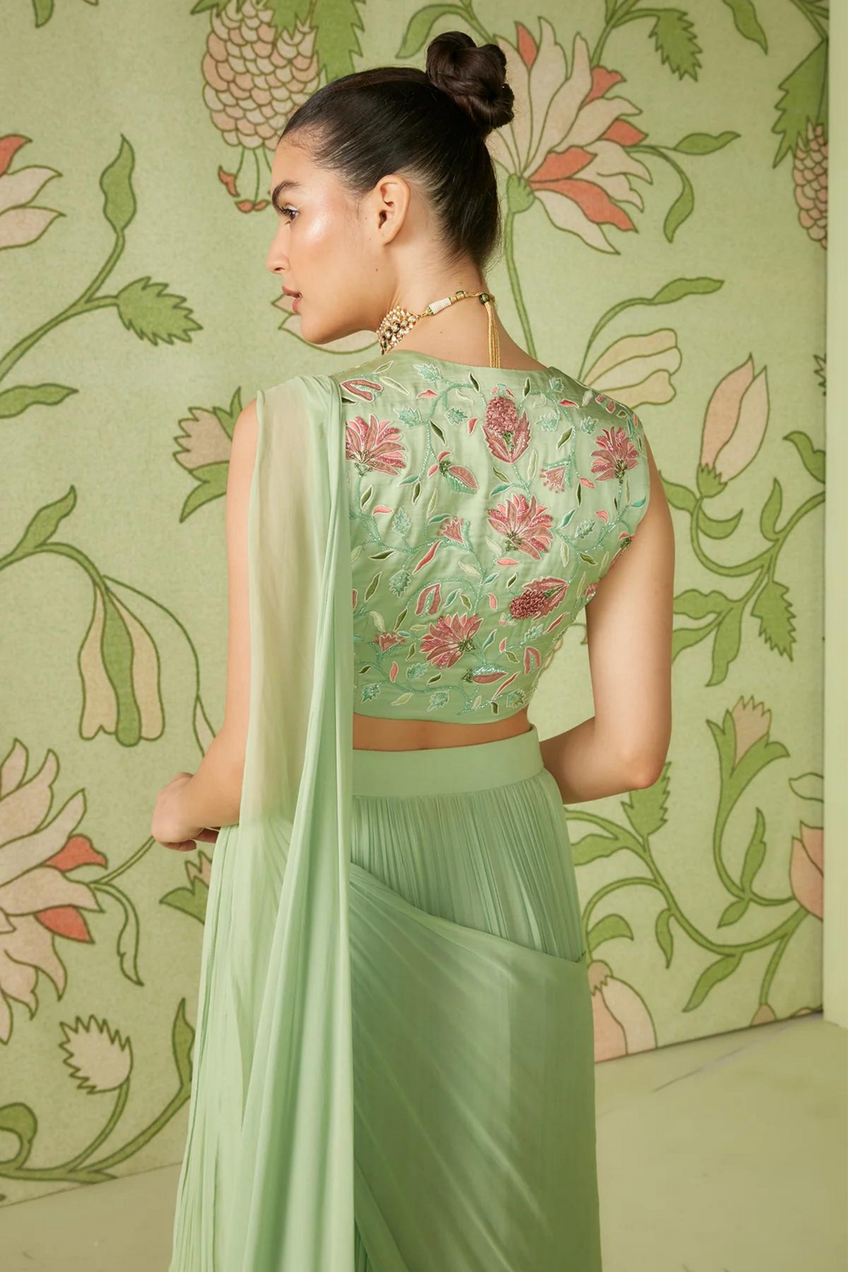 Sage green draped saree