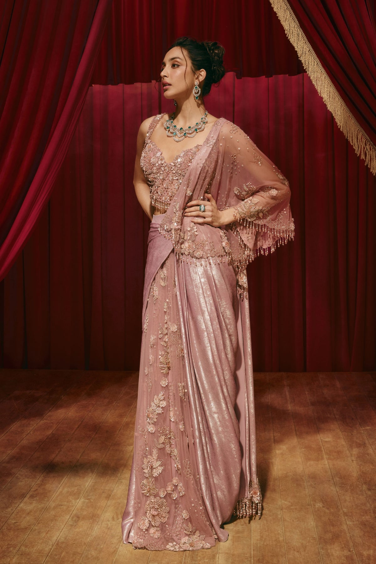 Christina Pink Draped Saree Set