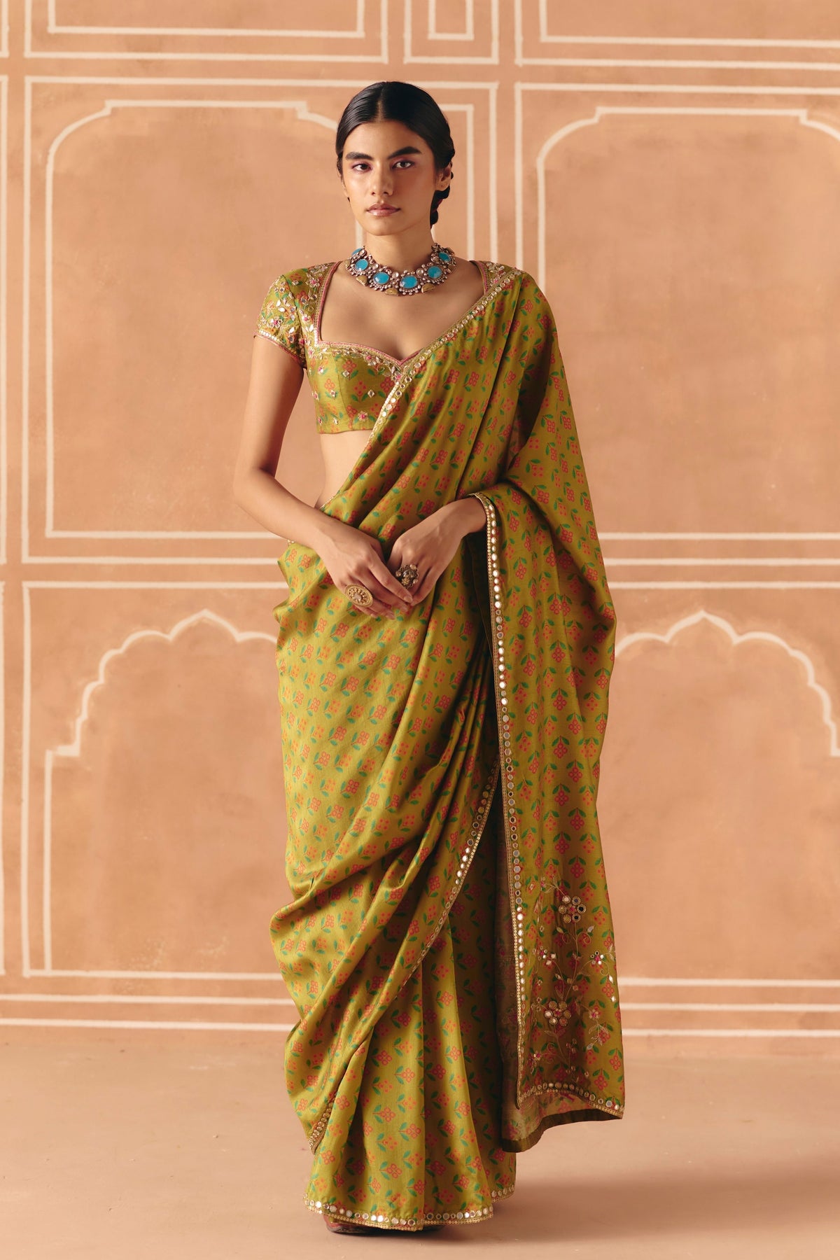 Parrot Green Saree Set