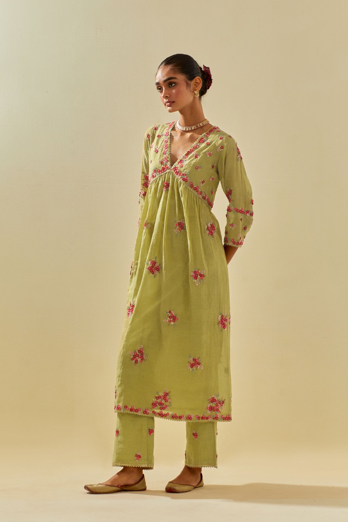 Green V Neck Kurta Set