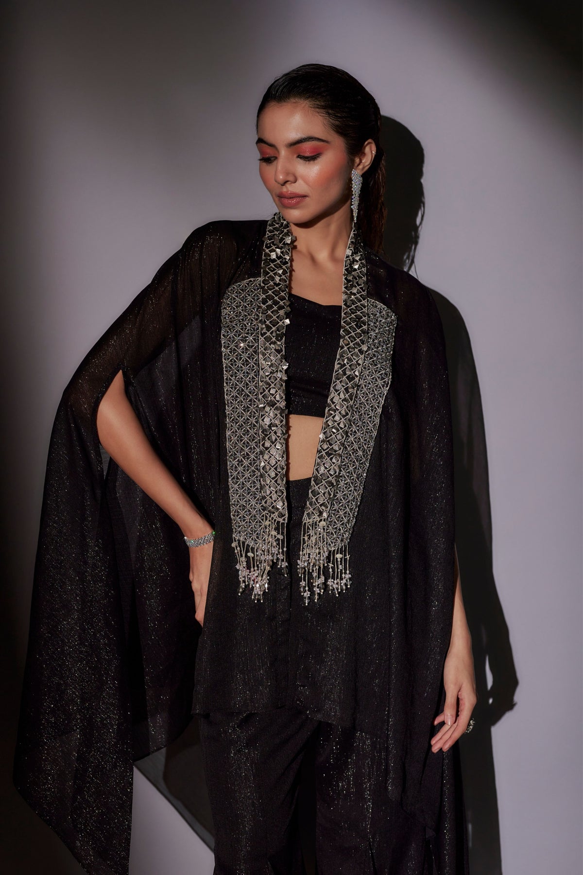 Black Embroidered Cape Set