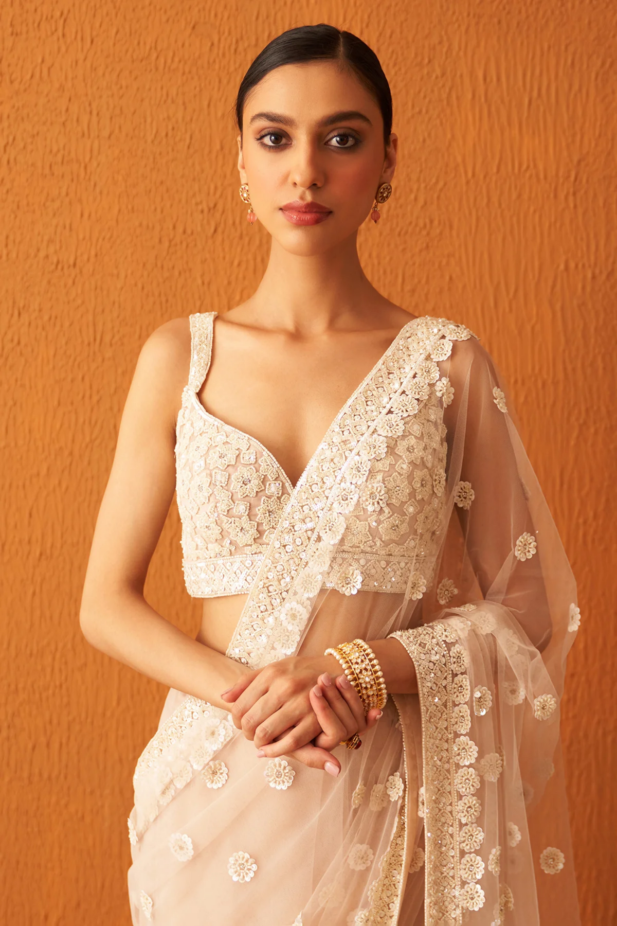 Peach Net Saree