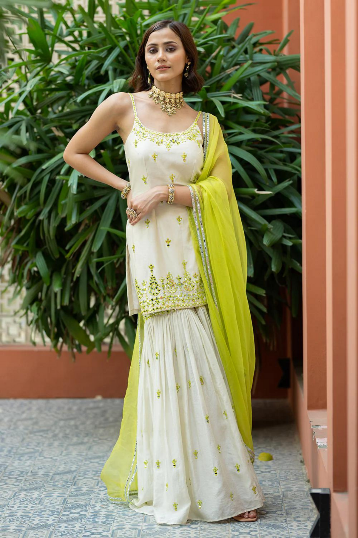 Off-White Green Embroidered Sharara