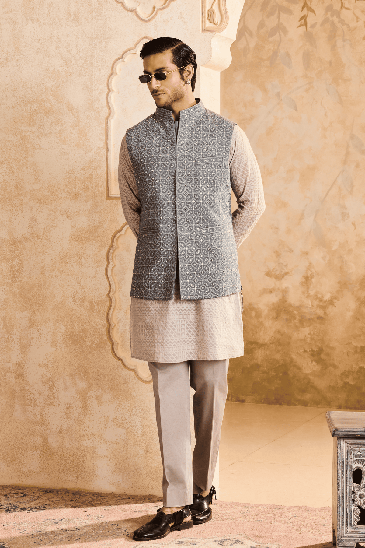 Grey Mirrorwork Jacket Kurta Set