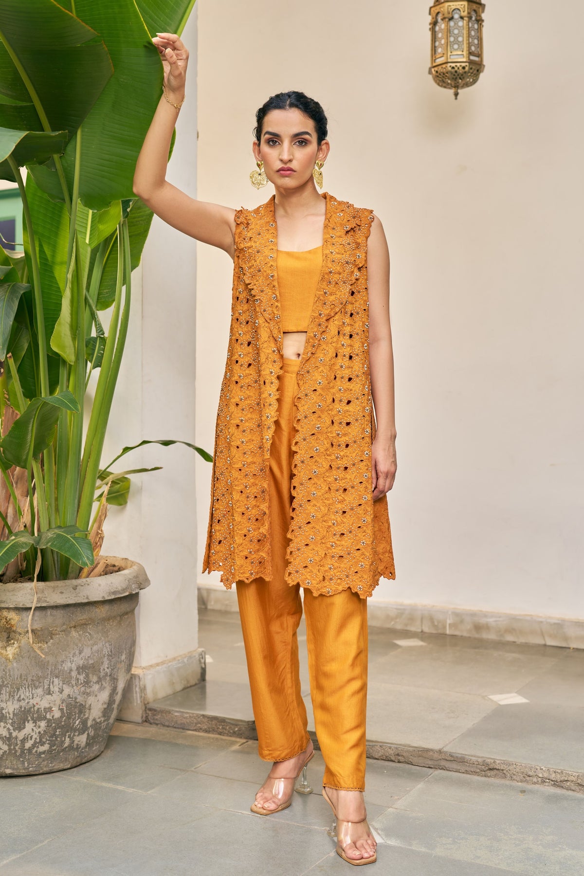 Ochre Cutwork Jacket Set