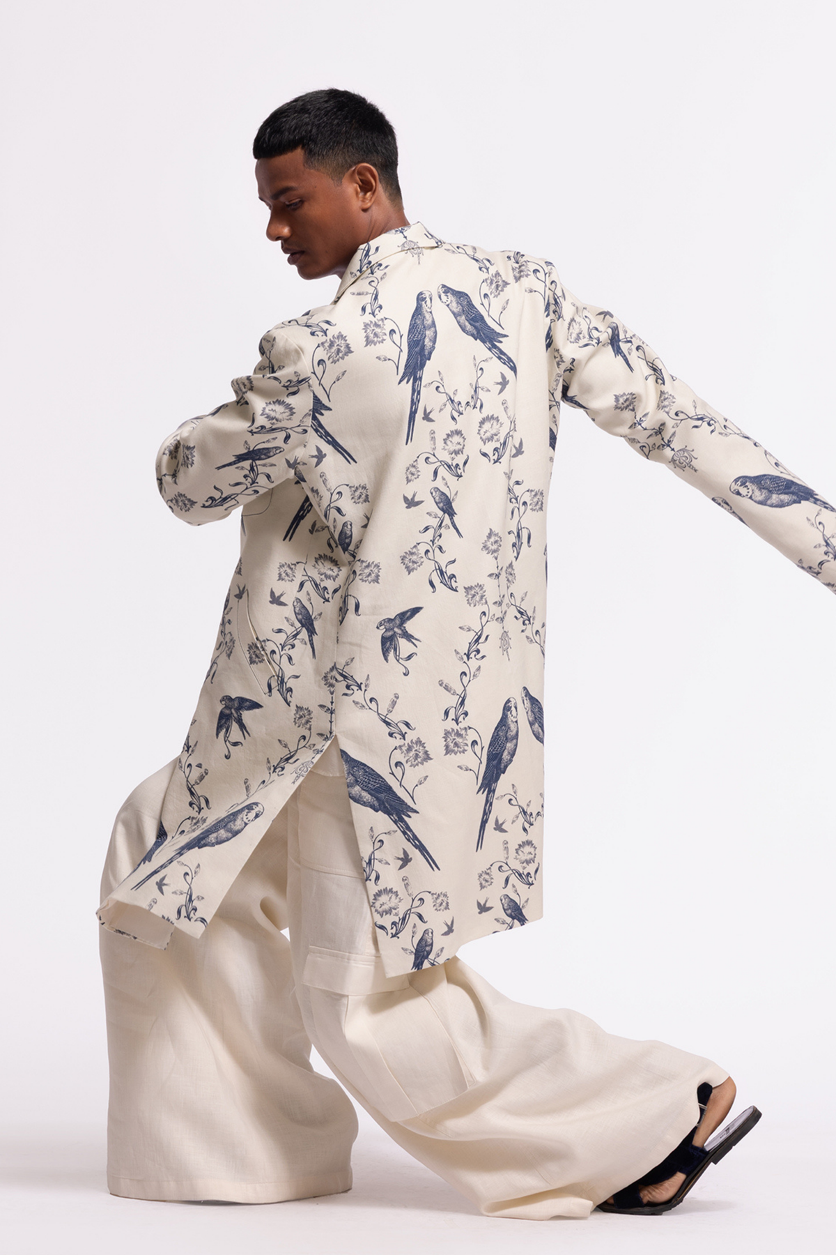 Ivory Bird-printed Long Jacket With Pockets