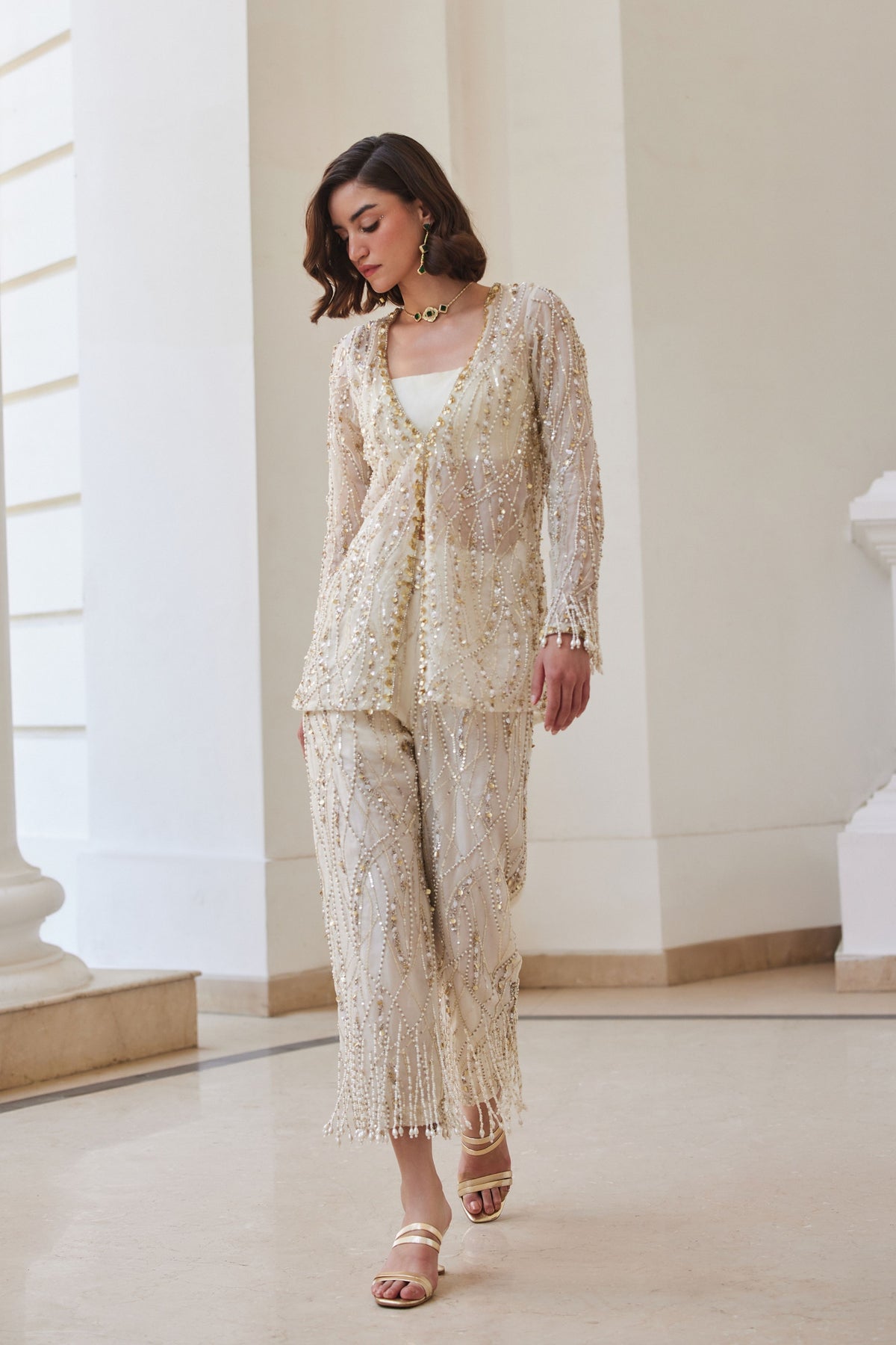 Pearl White Organza Pant-suit