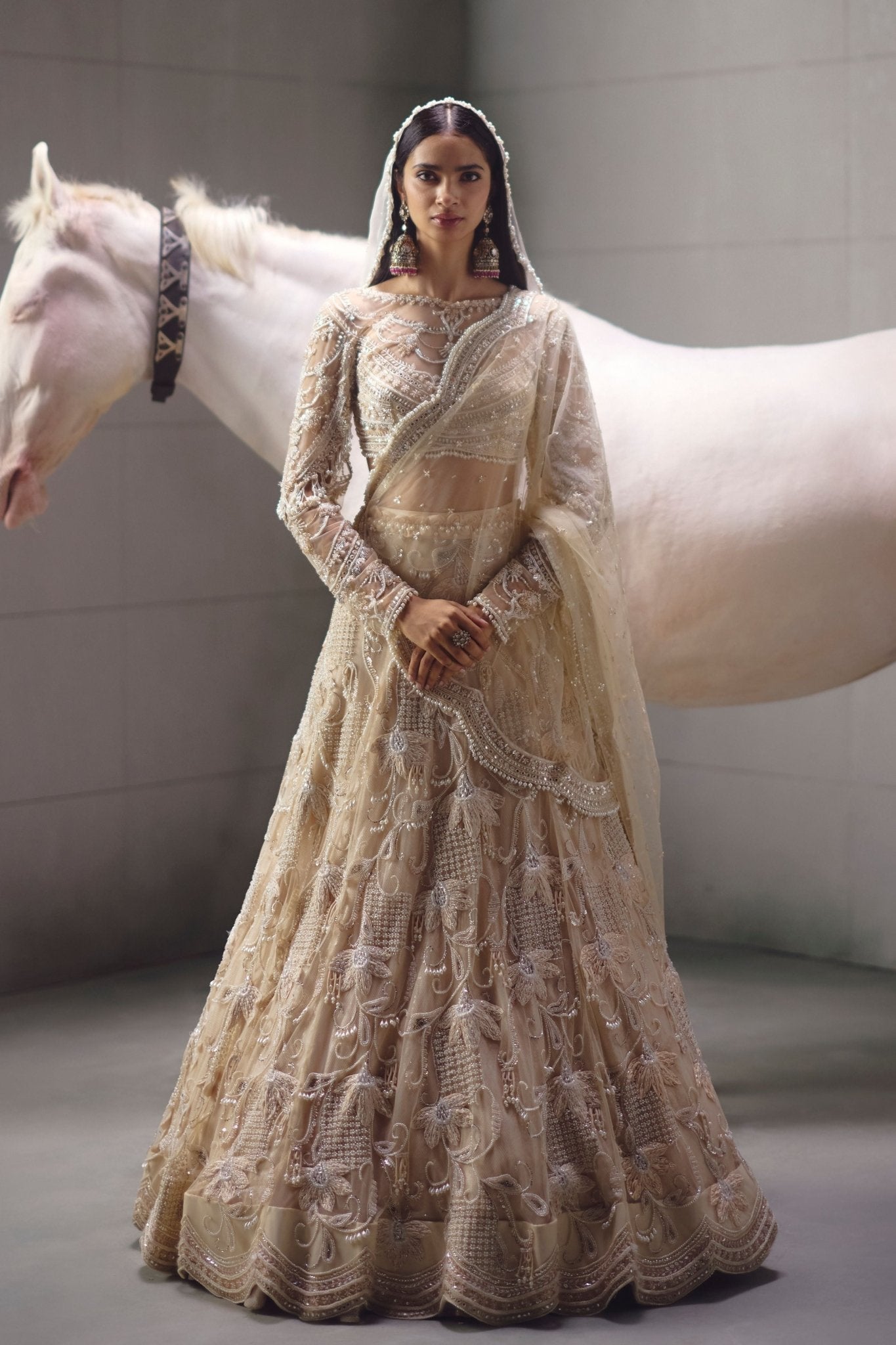 Ivory Embroidered Floral Lehenga Set - Awigna - Elahe