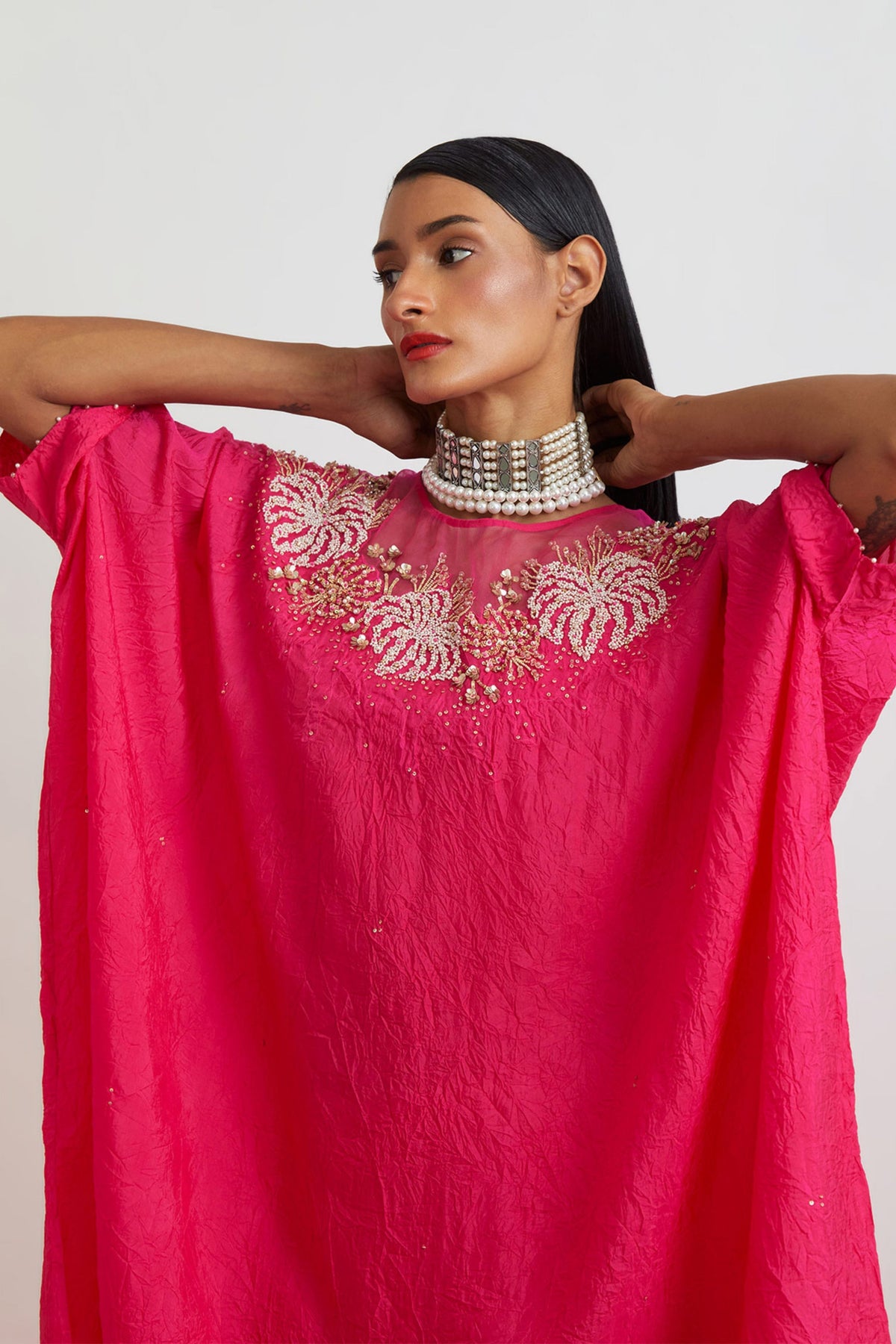 Hot Pink Floral Crystal Kaftan Set