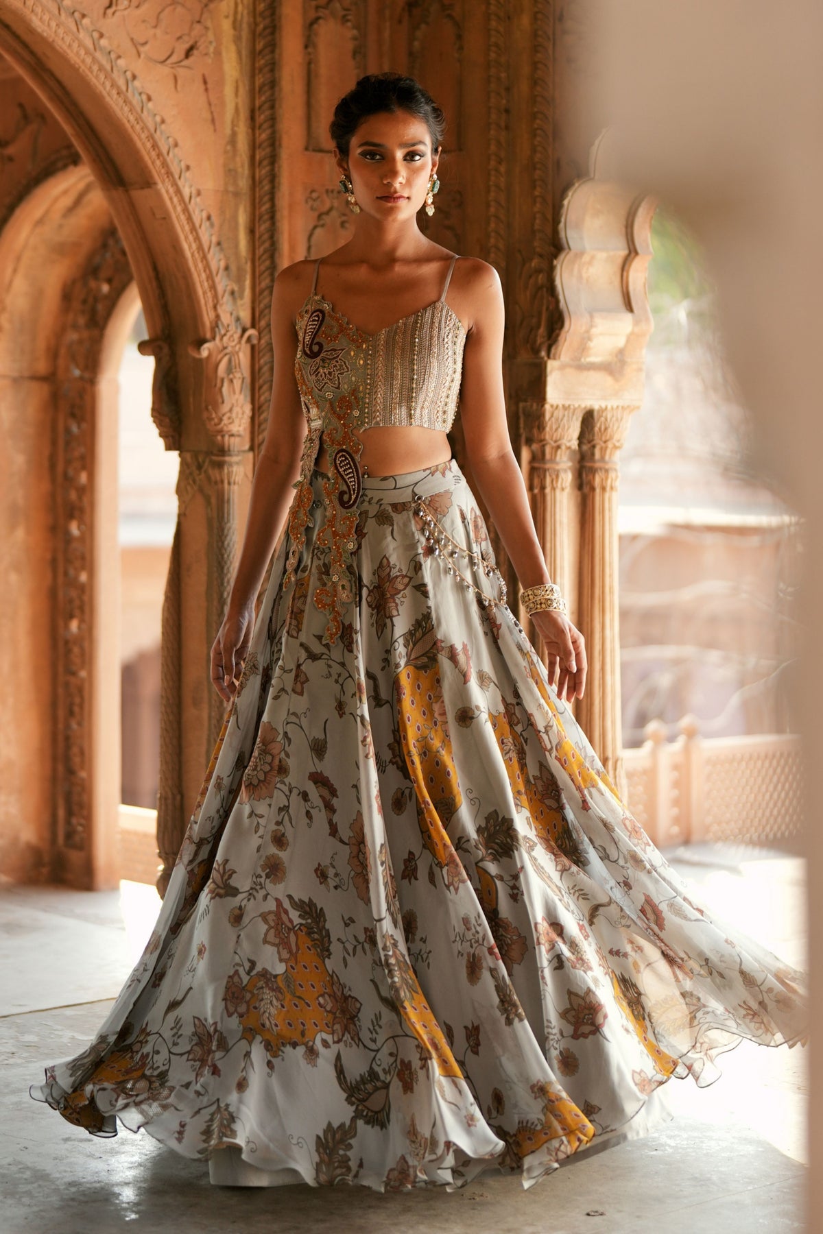 Grey Floral Organza Lehenga Set