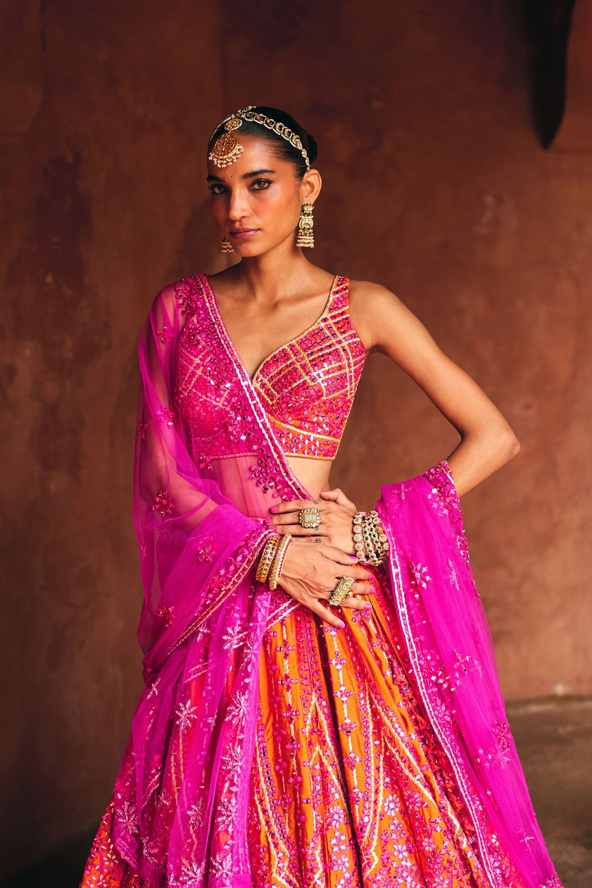Rust Raw Silk Lehenga Set